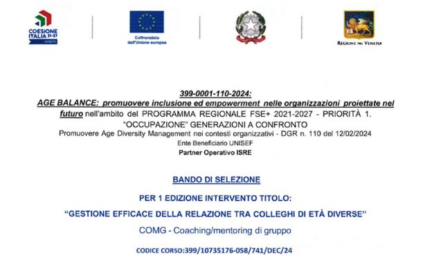 BANDO DI SELEZIONE  PER 1 EDIZIONE INTERVENTO TITOLO:  “GESTIONE EFFICACE DELLA RELAZIONE TRA COLLEGHI DI ETÀ DIVERSE”